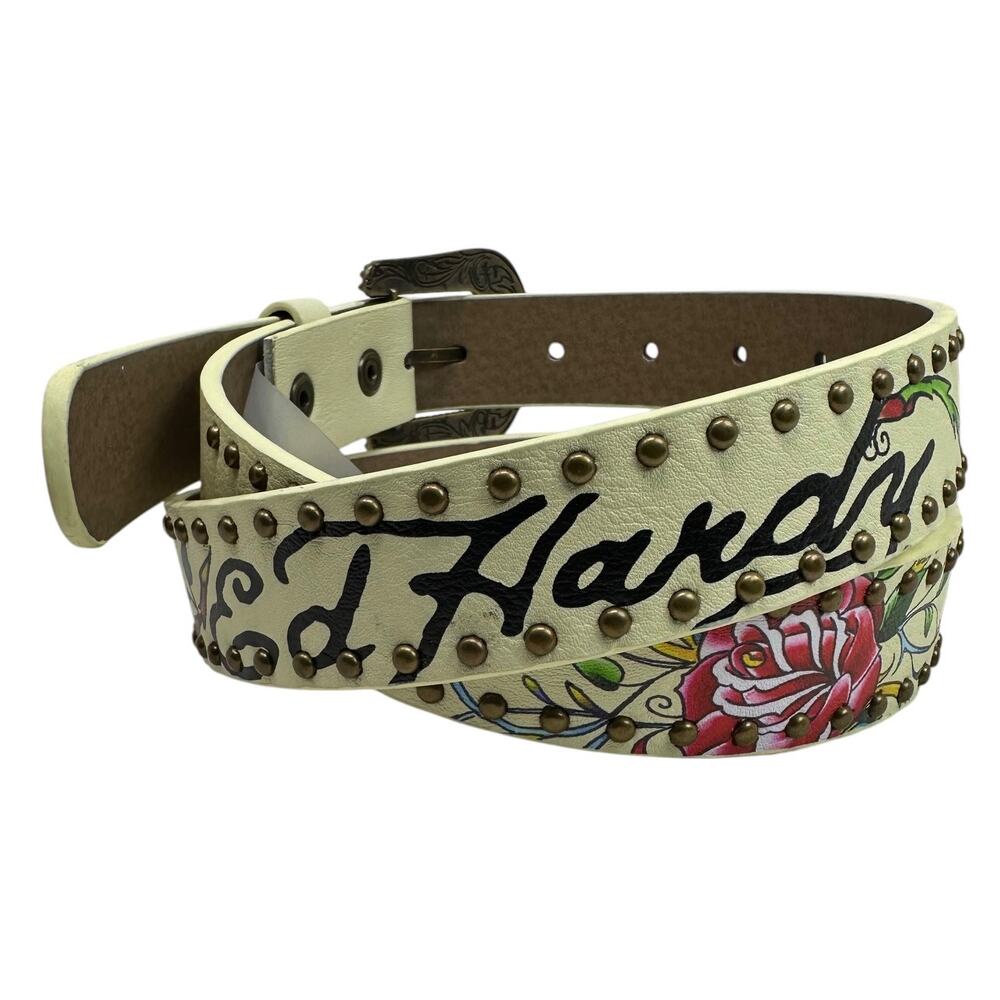 Ed Hardy Women's Rivet Studded Printed Cream Belt - Picture 3 of 5